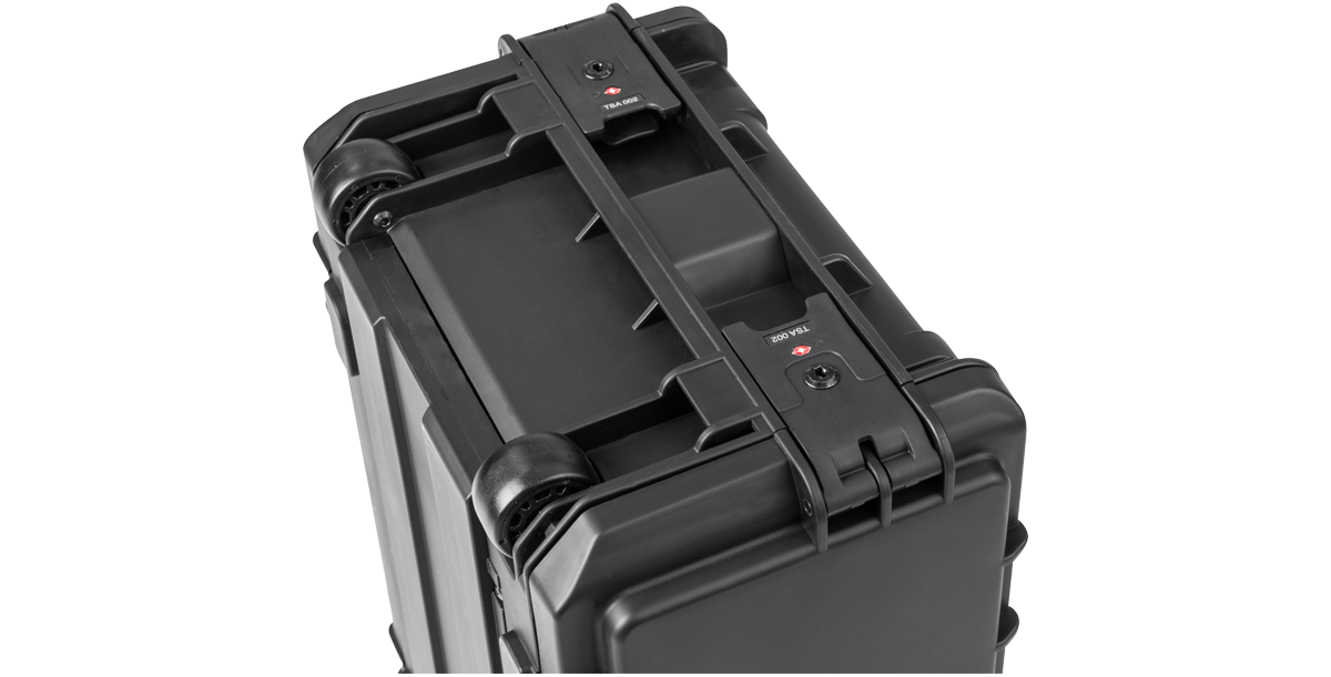 Top-down view of Compact Rack with TSA-locking latches and rugged wheels for secure and mobile equipment storage.