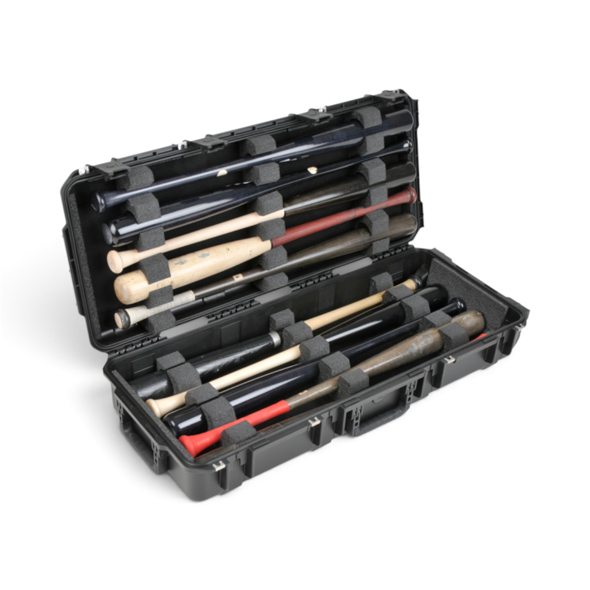 SKB Cases iSeries 3614-6 black waterproof hard case with custom foam interior holding ten baseball bats