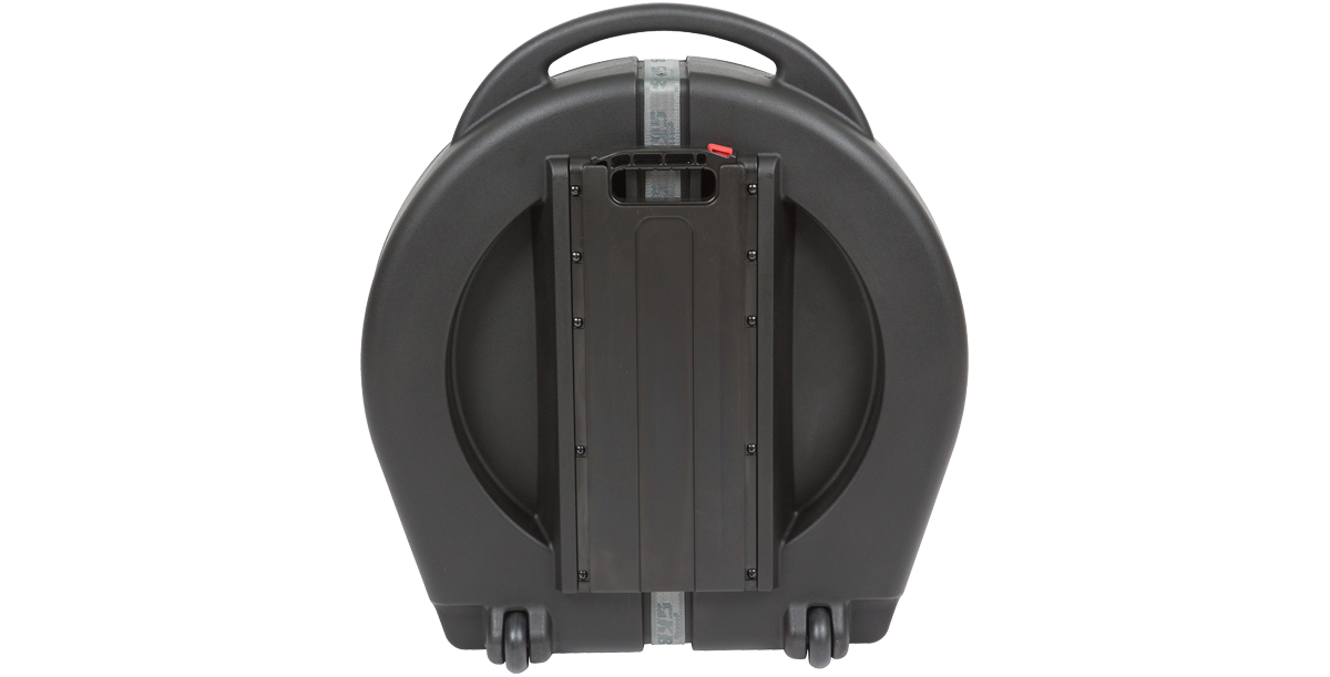 Rolling Cymbal Vault with retracted pull handle and molded wheels, designed to transport up to 8 cymbals securely up to 24 inches in diameter.
