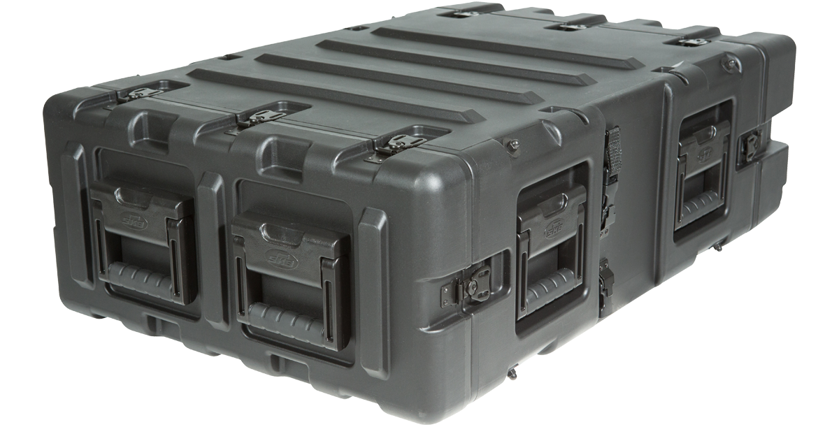 Angled rear view of 24-Inch RS Series Shock Rack with molded handles and rugged design for watertight gear protection.