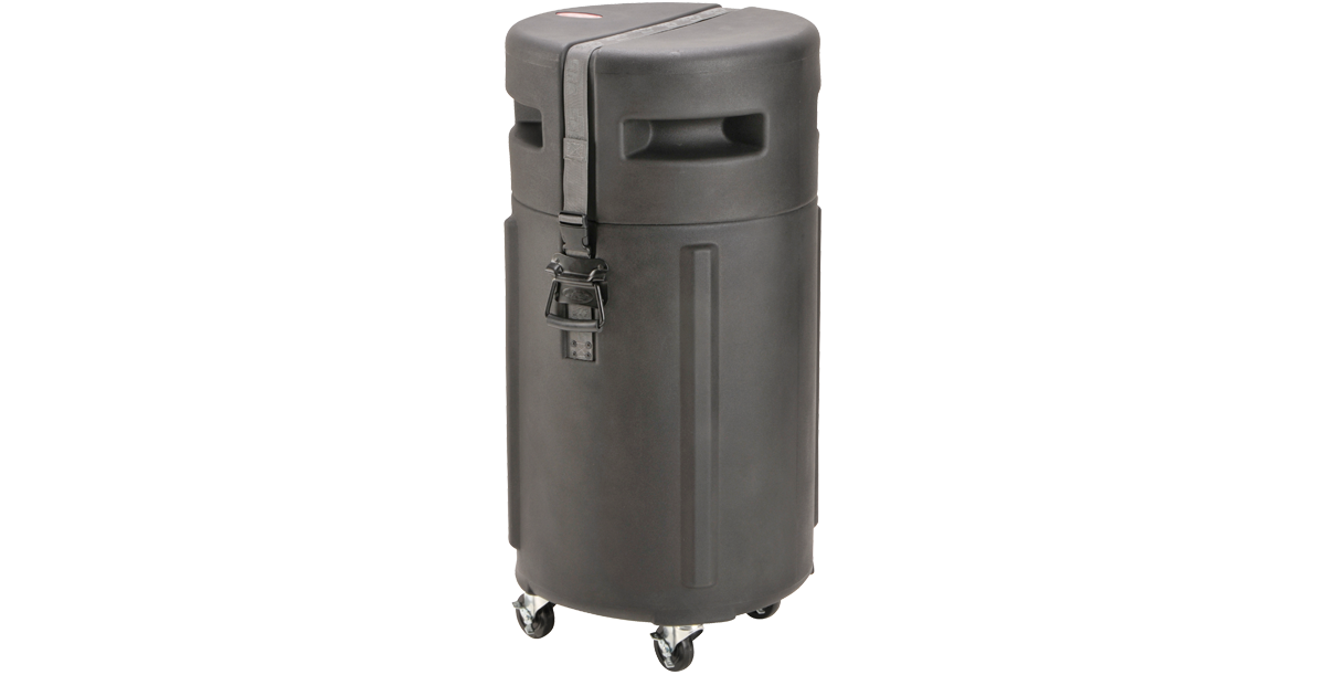 Universal Conga Case with Wheels for 28-32 inch drums, featuring a durable cylindrical design and built-in handles for easy transport.