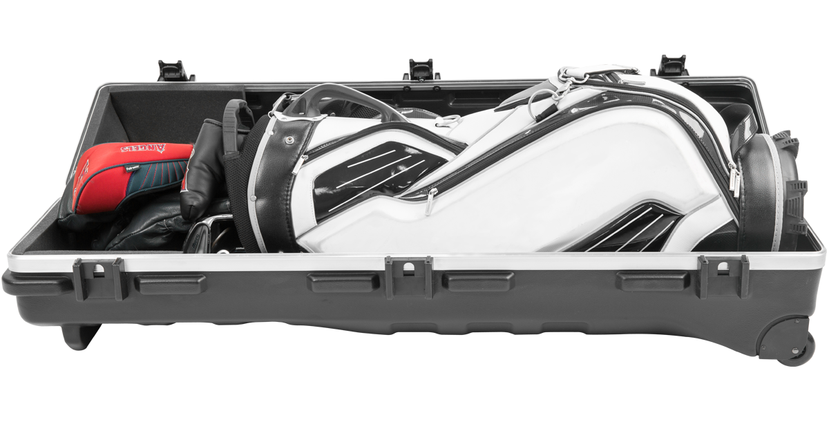 Front view of ATA Staff Pro XL Golf Travel Case with white golf bag, demonstrating secure storage for travel-ready golf equipment.