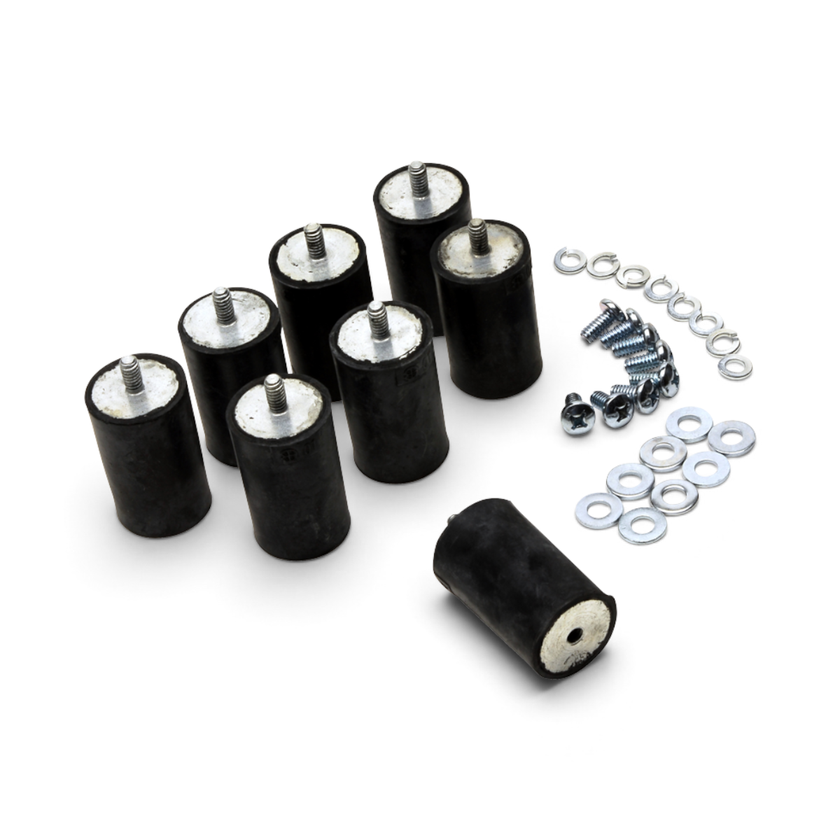 SKB Cases shock absorber kit with eight black rubber shock mounts, metal screws, and washers for rack cases.