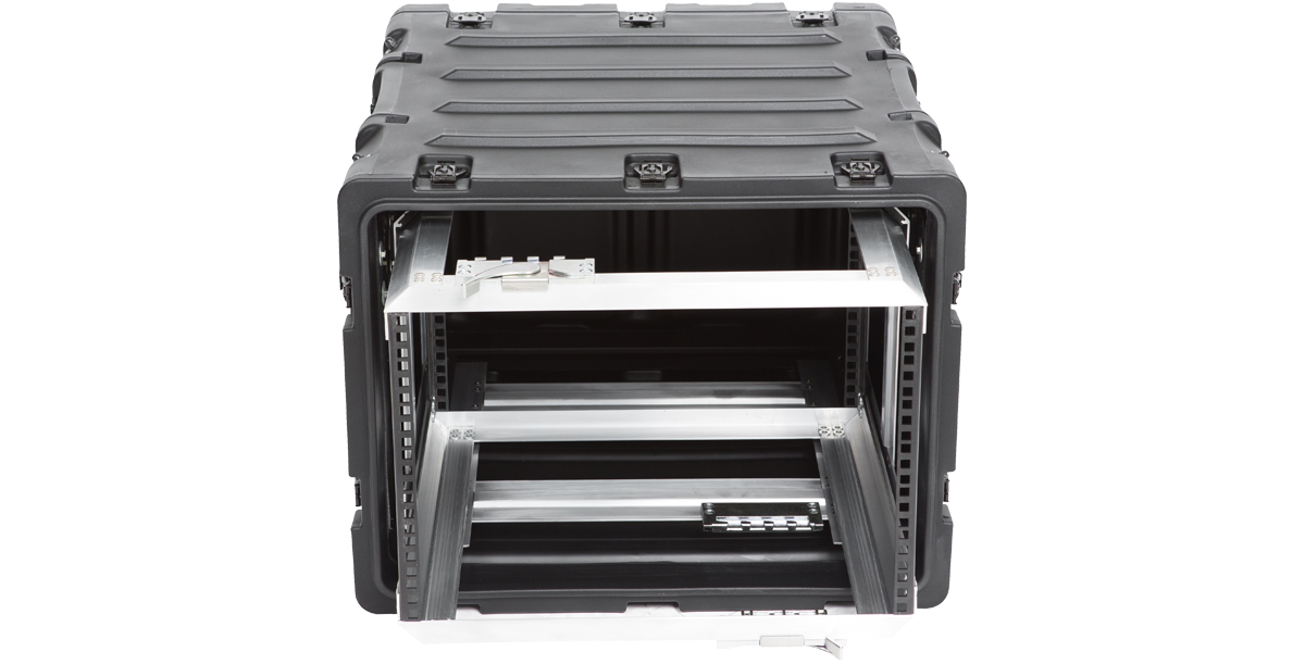 Front-facing view of 20-inch Shock Rack Case - Electronics Protection, highlighting shock-absorbing frame and rugged outer shell.