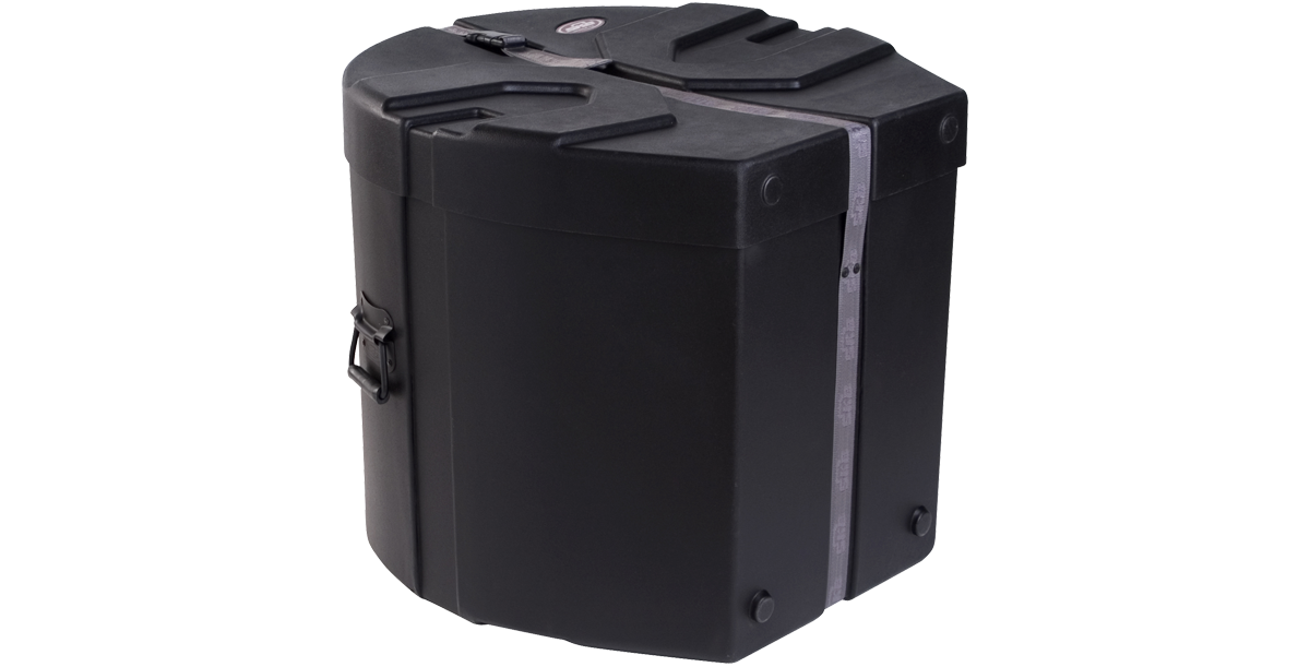 Side angle of 20 x 22 bass drum case featuring heavy-duty latches and molded base for stable stacking and transport.