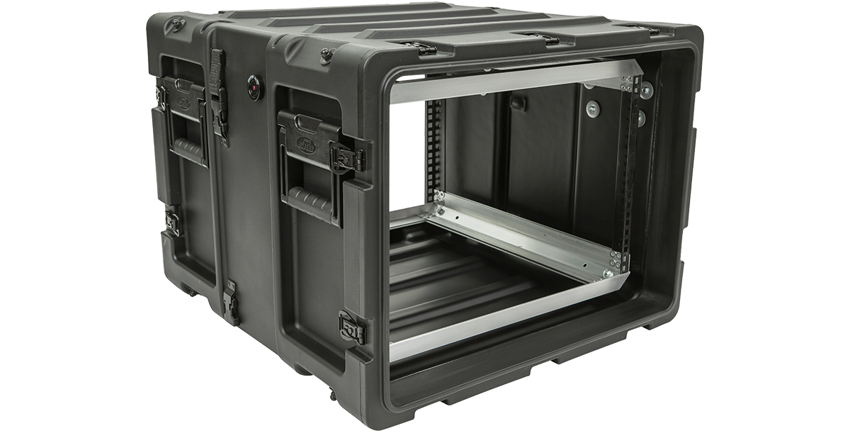 Open 20-inch Shock Rack Case with visible internal frame and shock-absorbing design for sensitive electronics and pro audio gear.