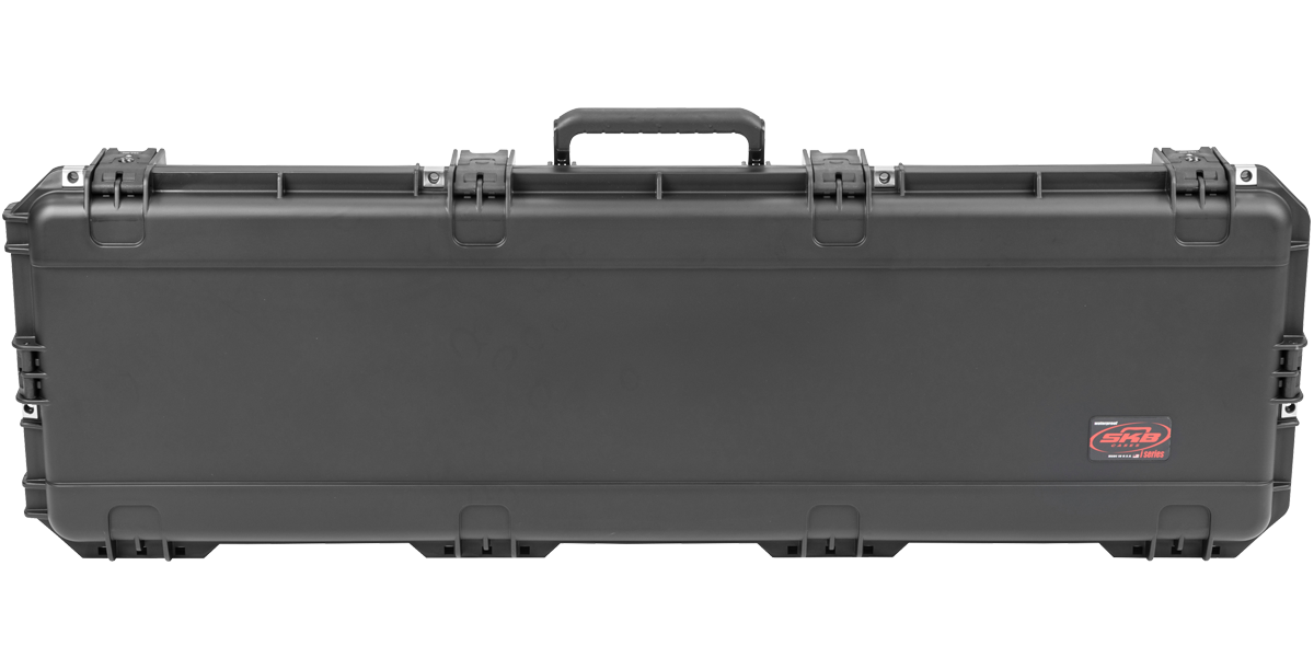Front view of iSeries Waterproof StingRay Bass Case with SKB logo, TSA-approved latches, and molded handle for secure travel.