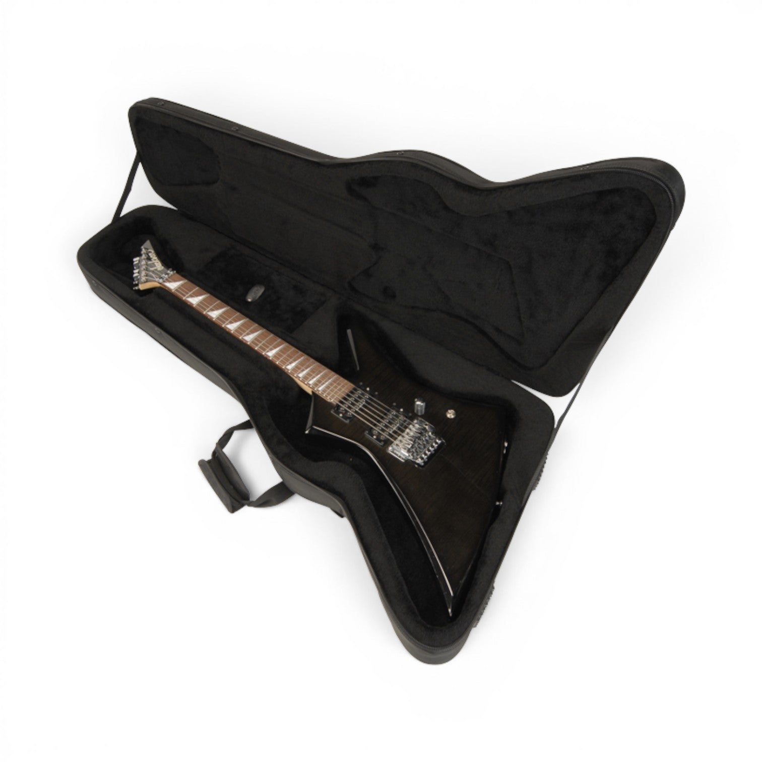 Black Explorer guitar secured in soft case with plush lining and rigid foam inserts for lightweight, durable travel protection.