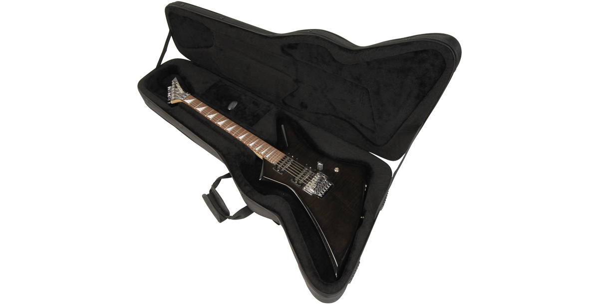 Black Explorer guitar secured in soft case with plush lining and rigid foam inserts for lightweight, durable travel protection.