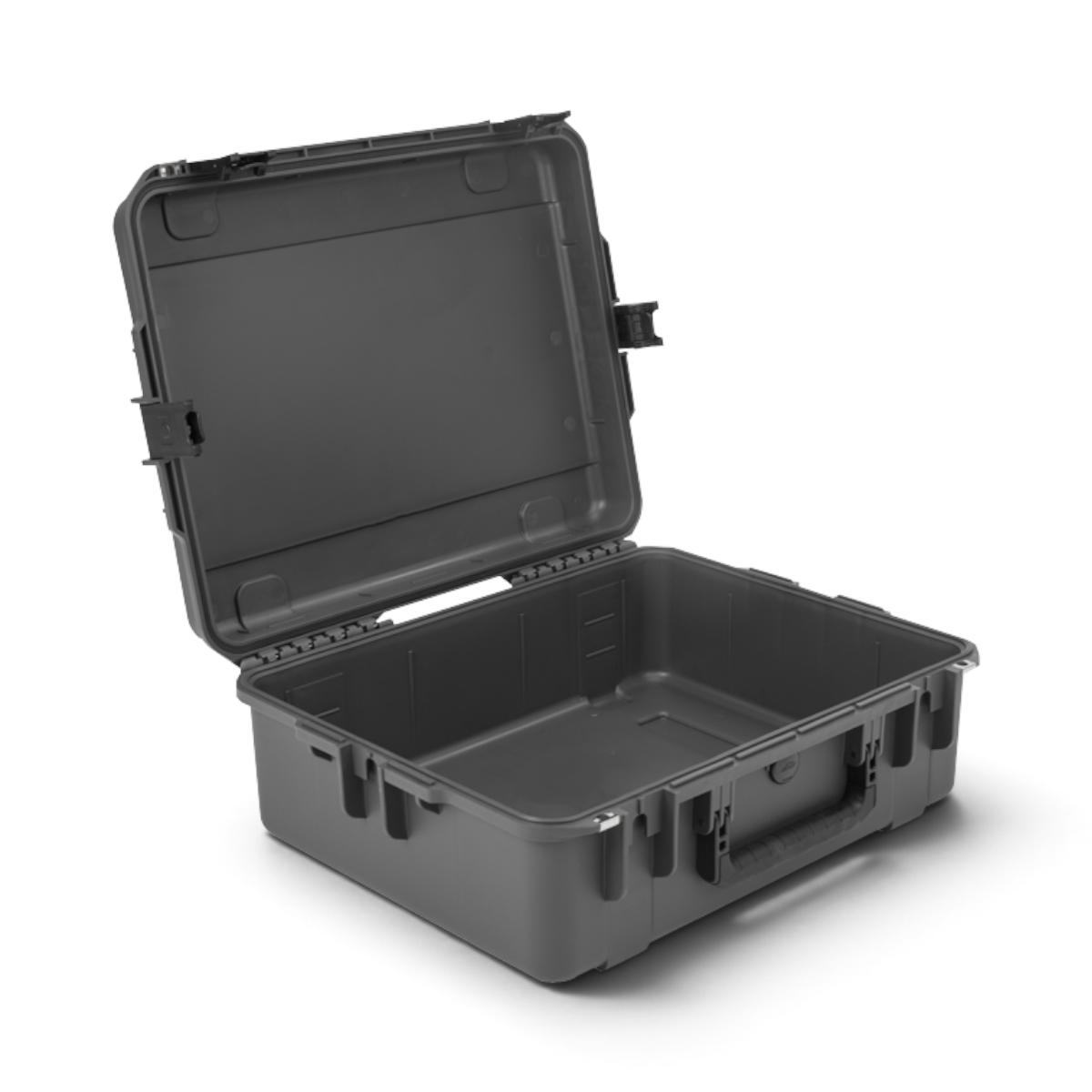 SKB Cases iSeries 2217-8 Overland waterproof storage case in charcoal grey with open lid and durable latch system.