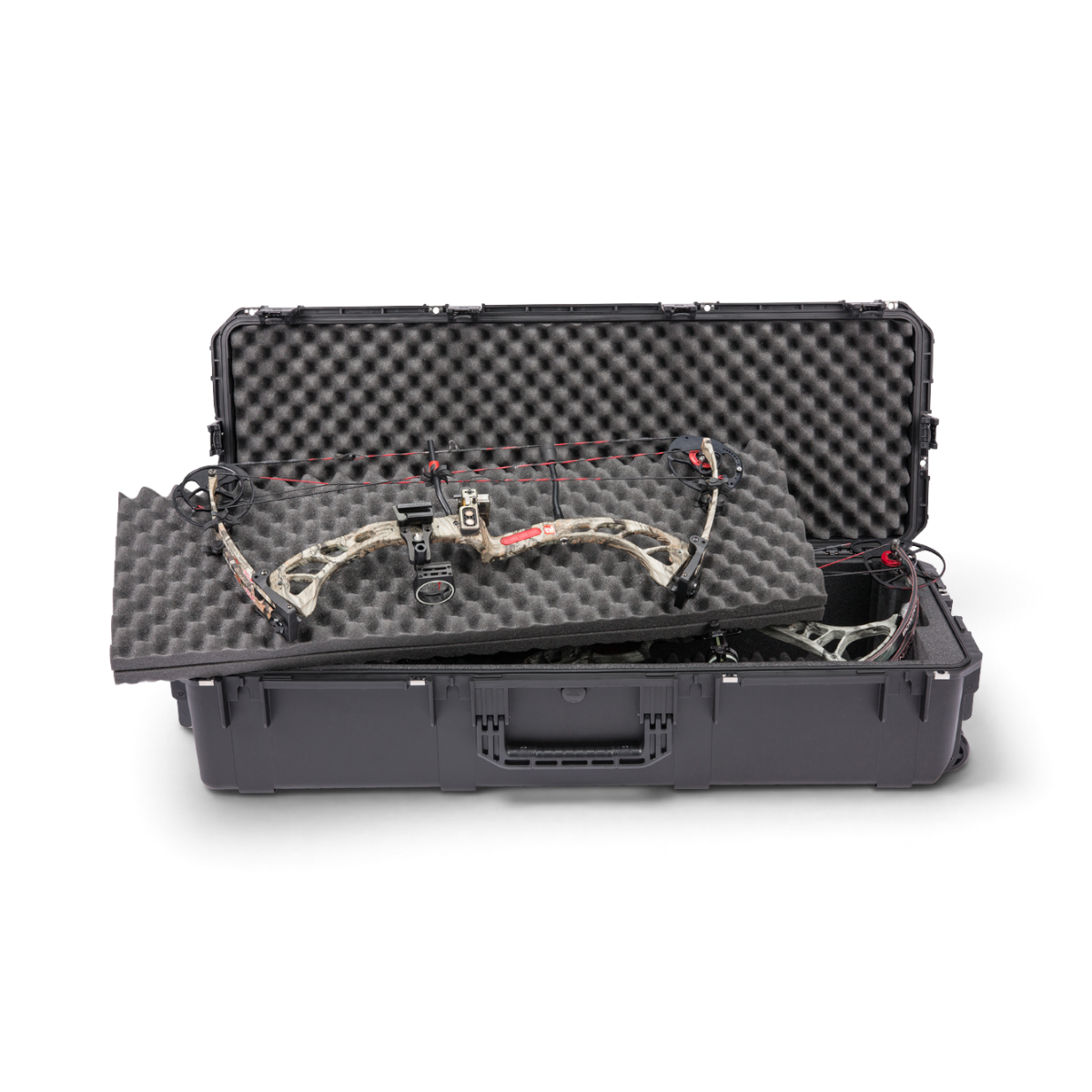 SKB Cases iSeries 4414-10 waterproof hard case with foam interior holding two compound bows in a bunk-bed style layout.