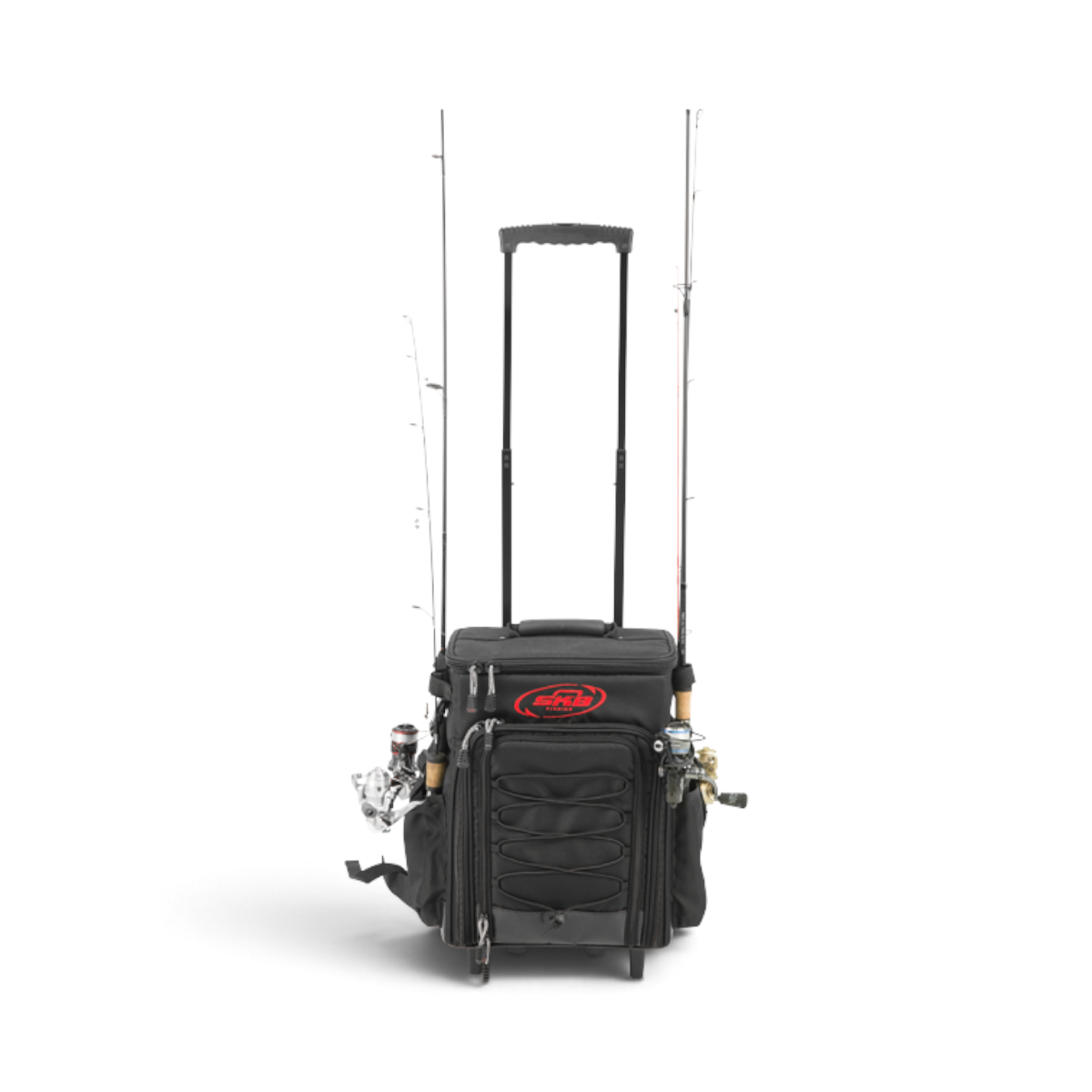 SKB Cases Tak-Pak black tackle backpack with wheels, retractable handle, and fishing rod holders on white background