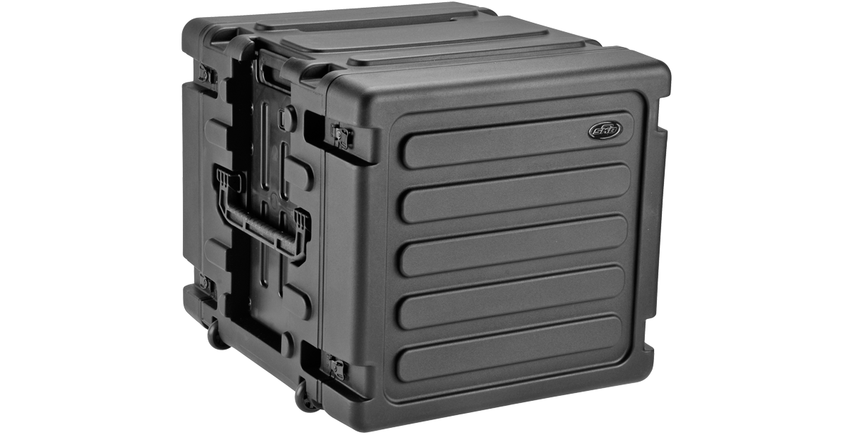 Stackable 20-Inch Rolling Shock Rack Case with twist latches, molded handles, and rugged exterior for secure transport and storage.