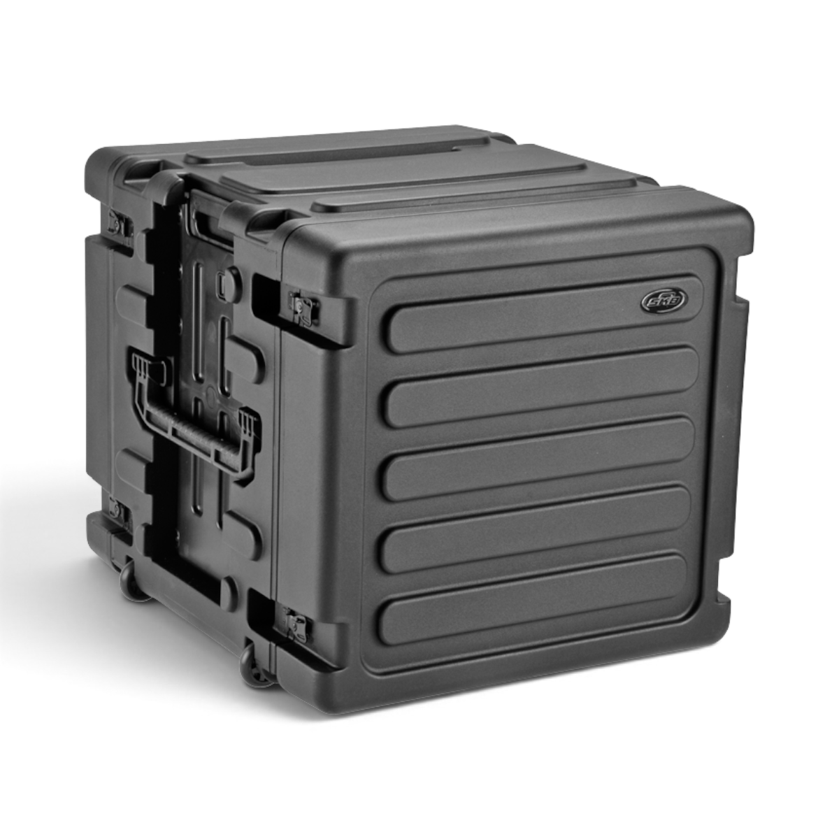 Stackable 20-Inch Rolling Shock Rack Case with twist latches, molded handles, and rugged exterior for secure transport and storage.
