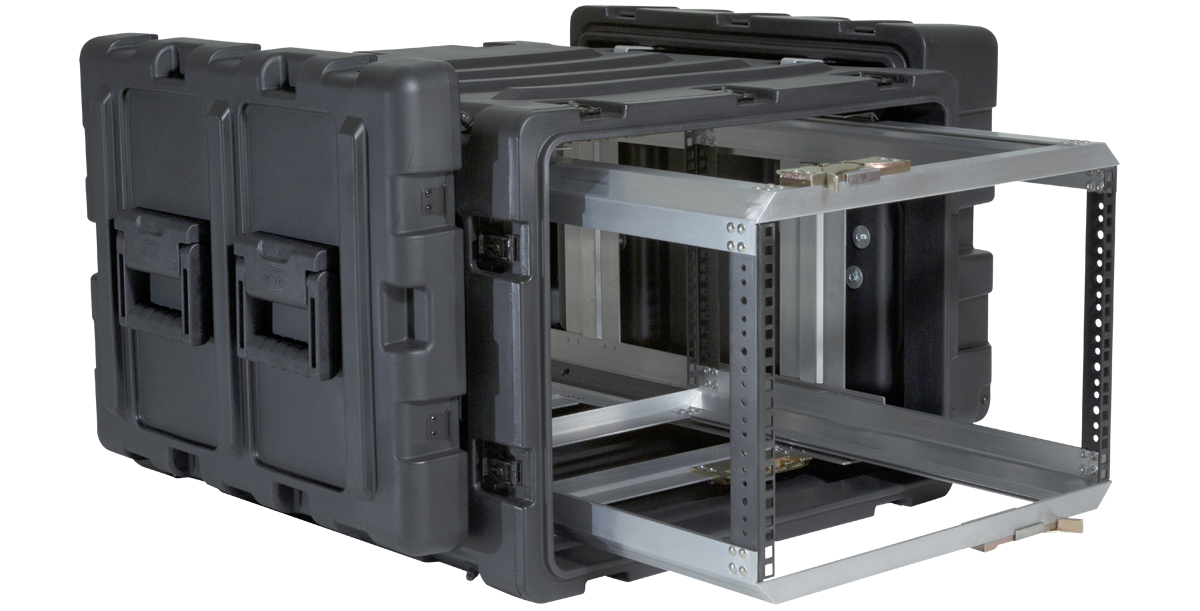 Rear angled view of open 7U Shock Rack - 24-Inch Deep, displaying internal frame and shock-absorbing mounts for electronics protection.