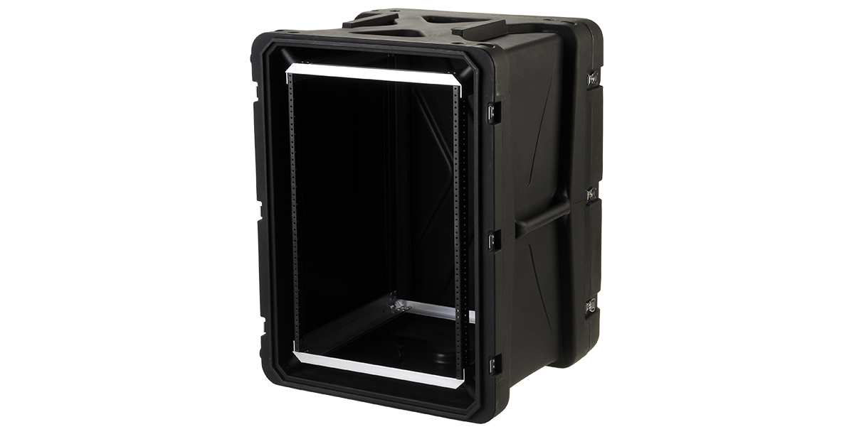 Angled view of 20-inch shock rack case showing internal rack rails and shock-absorbing frame for sensitive equipment protection.