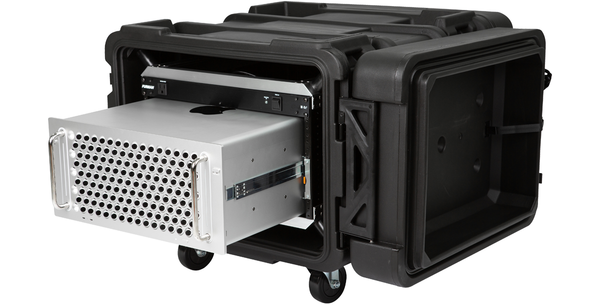 Mac Pro partially removed from 6U Shock Rack - 24-inch rSeries, emphasizing secure fit and easy access for maintenance.