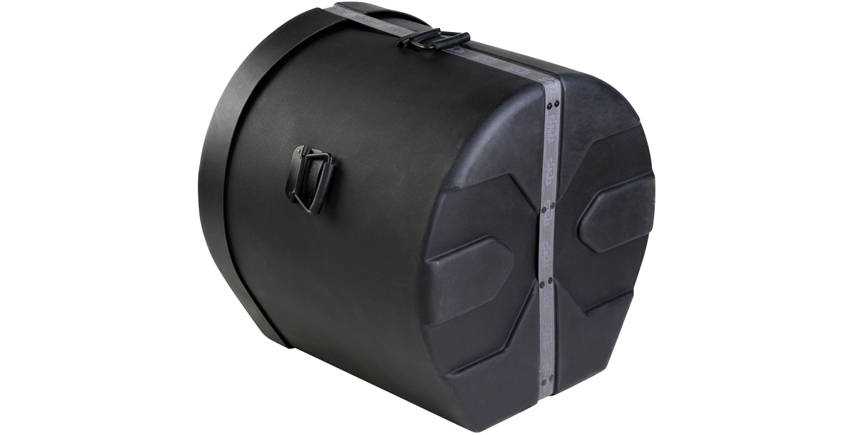 Angled view of 20 x 20 bass drum case showing reinforced shell, padded interior, and ergonomic side handles for easy carrying.