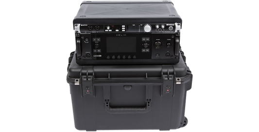 iSeries Fly Racks waterproof case with mounted Helix audio gear, showcasing lightweight and durable shock rack for travel protection.