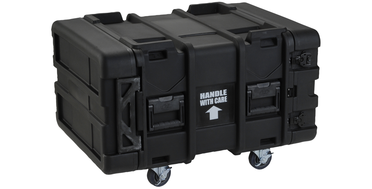 Durable 6U 24-inch rSeries Shock Rack with reinforced corners and 'Handle With Care' label, ideal for transporting servers and rackmount gear.