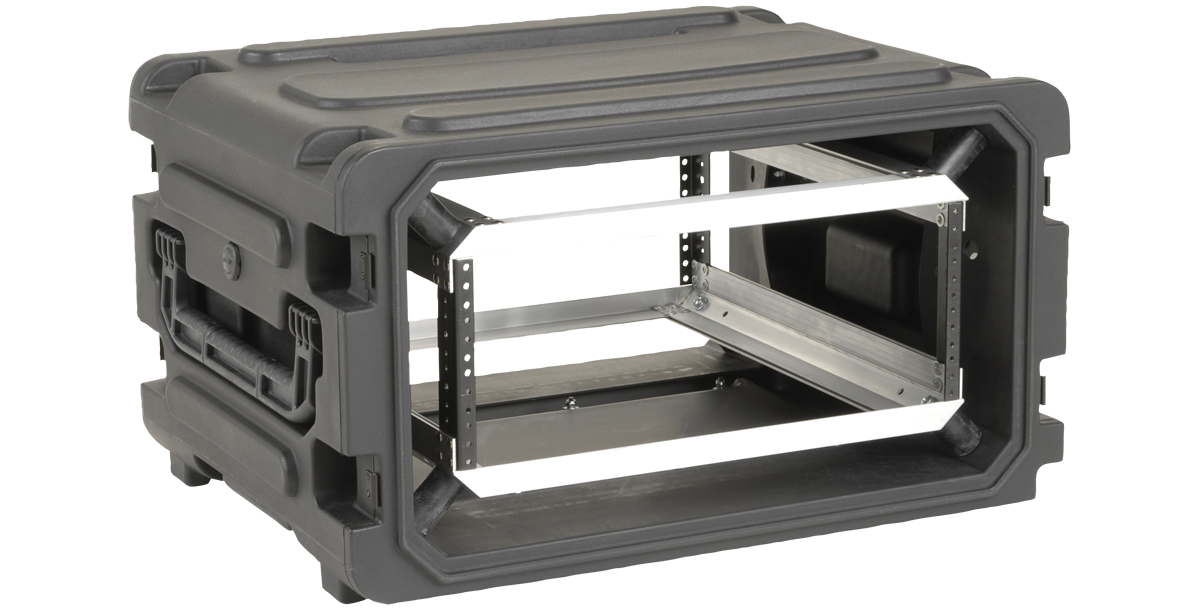 Open side view of 20-inch deep shock rack with internal aluminum rails and shock-absorbing frame for pro audio and electronic gear.