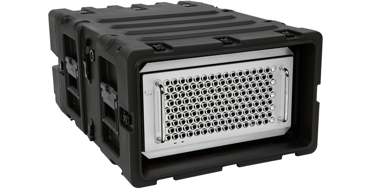 Angled front view of 5U 24-inch deep shock rack case with Mac Pro fully enclosed. Lightweight and watertight for secure gear storage.