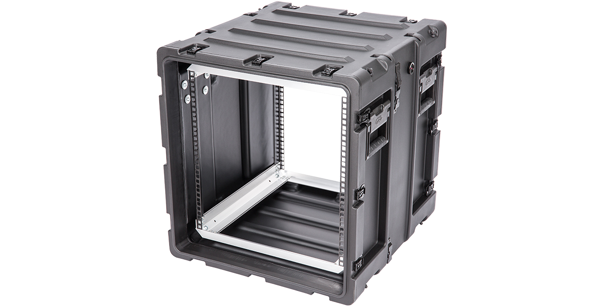 Angled view of 11U Shock Rack - 20-inch Case displaying rugged exterior and internal rack system for pro audio and electronic gear.