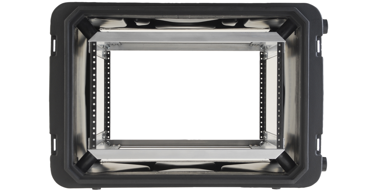 20-inch shock rack case interior view showing elastomer shock absorbers and rackmount frame for sensitive gear protection.