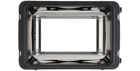 20-inch shock rack case interior view showing elastomer shock absorbers and rackmount frame for sensitive gear protection.
