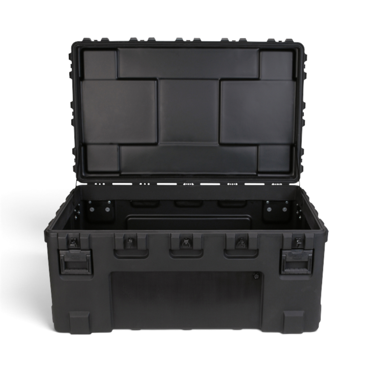 SKB Cases rSeries 5030-24 black roto-molded military-standard shipping case with open lid and stainless steel latches