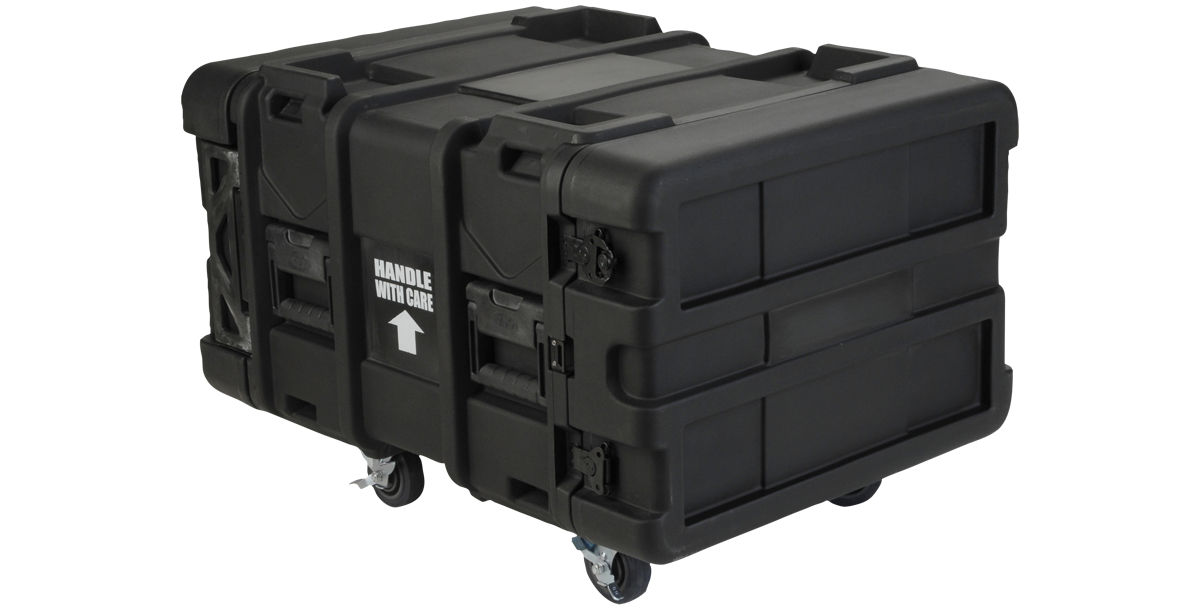 6U Shock Rack - 24-inch rSeries with rugged black exterior, built-in wheels, and secure latches for portable IT and pro-audio equipment protection.