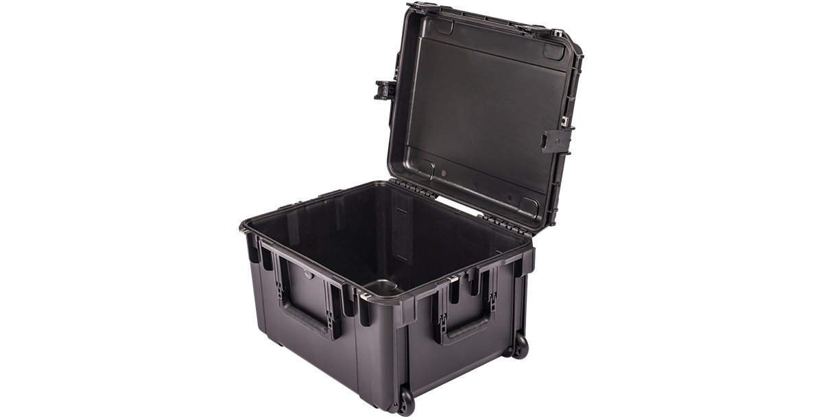 Angled view of open iSeries 2217-12 Case - High-Strength Waterproof showing durable hinges and deep storage compartment.