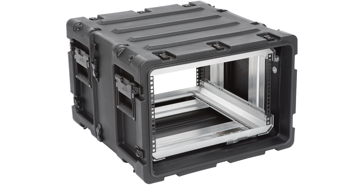 Side perspective of 6U RR Series Rack - 20-inch Deep Shock Rack highlighting rugged handles and reinforced corners.