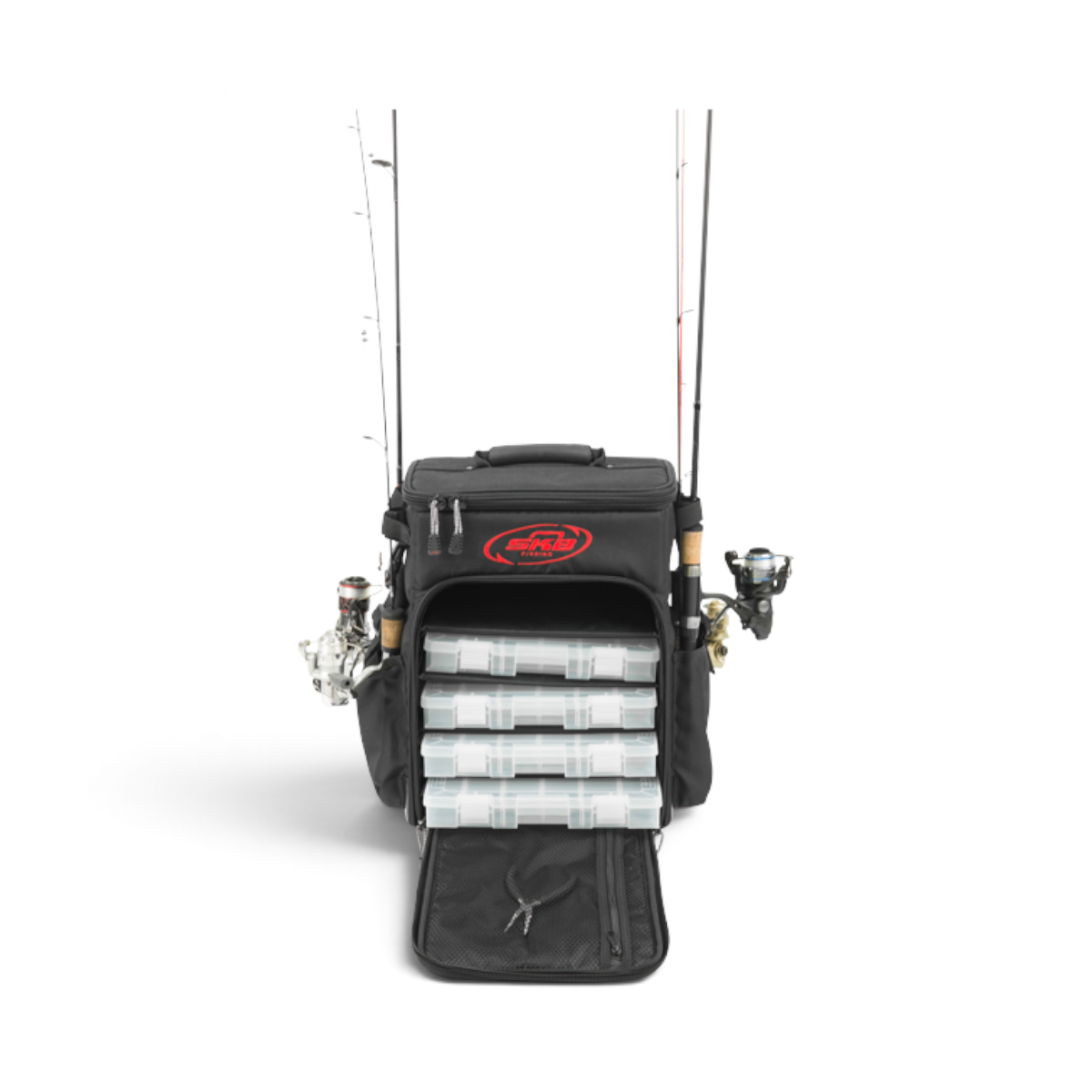 SKB Cases Tak-Pak black fishing backpack with four internal tackle drawers and two fishing rods attached on sides
