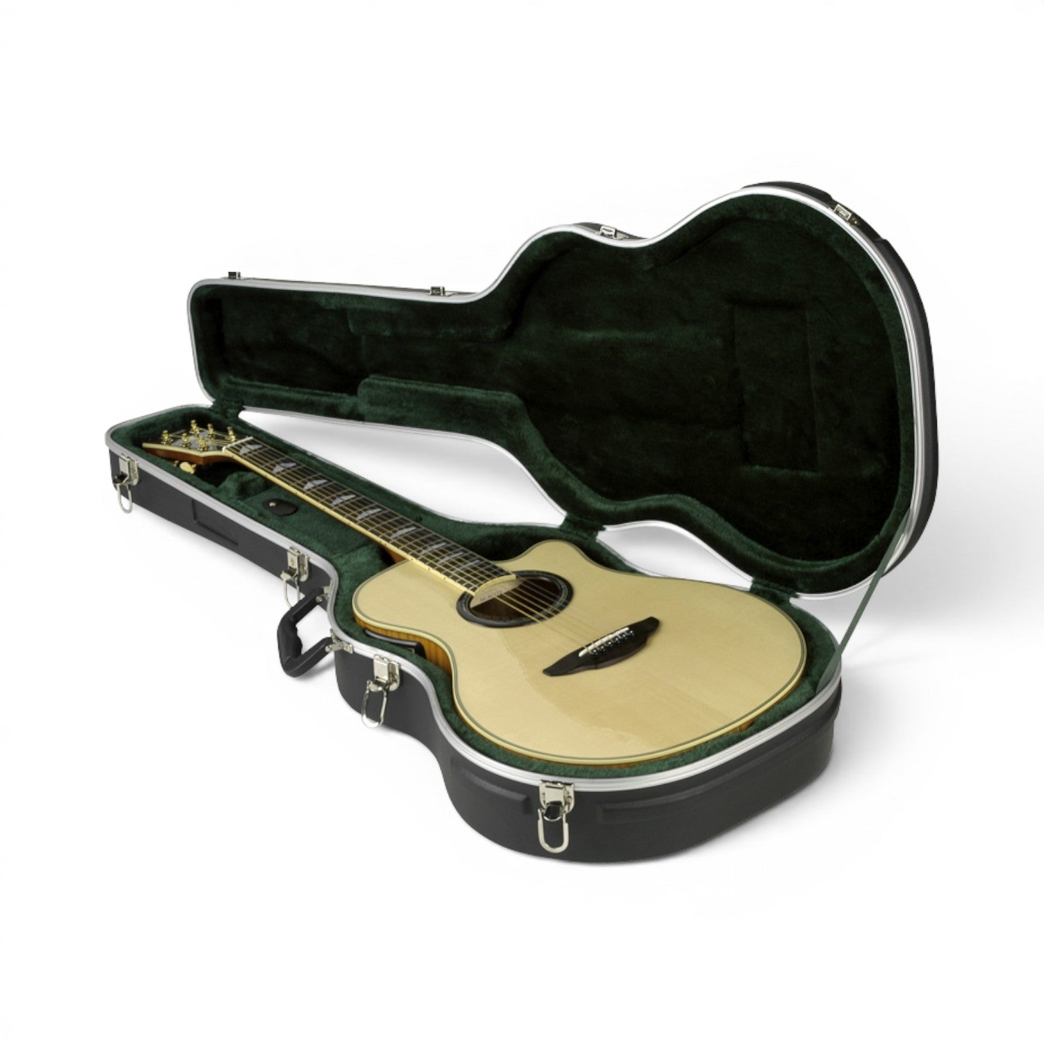 Open Economy Thin-line Acoustic Case with plush green interior cradling a thin-body acoustic guitar. Provides secure fit and premium protection.
