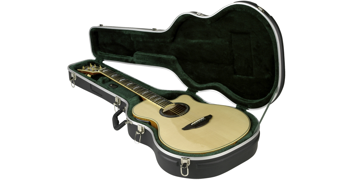 Open Economy Thin-line Acoustic Case with plush green interior cradling a thin-body acoustic guitar. Provides secure fit and premium protection.