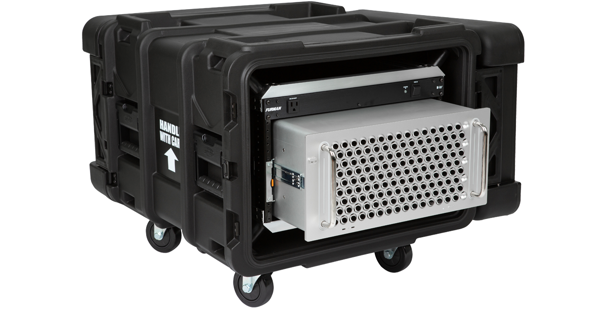 Mac Pro partially extended from 6U Shock Rack - 24-inch rSeries, showcasing shock-absorbing design for IT and AV professionals.