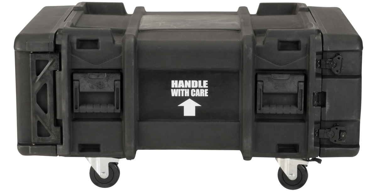 Front view of closed 4U 30-inch Shock Rack with 'Handle With Care' label and secure latches for transport safety.
