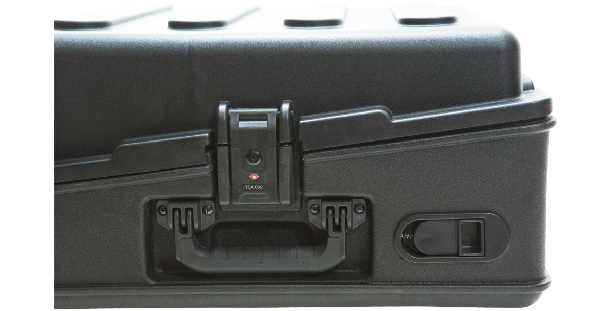 Close-up of the 10U Mixer Rack Case showing TSA-approved locking latch and ergonomic handle for secure and easy transport of audio equipment.