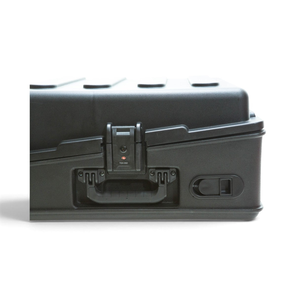 Close-up of the 10U Mixer Rack Case showing TSA-approved locking latch and ergonomic handle for secure and easy transport of audio equipment.