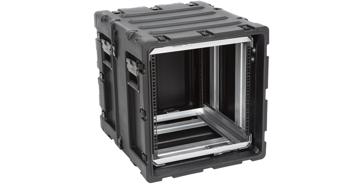 20-inch 11U shockproof rack with open front and visible mounting rails, designed for durable and protective electronics storage.