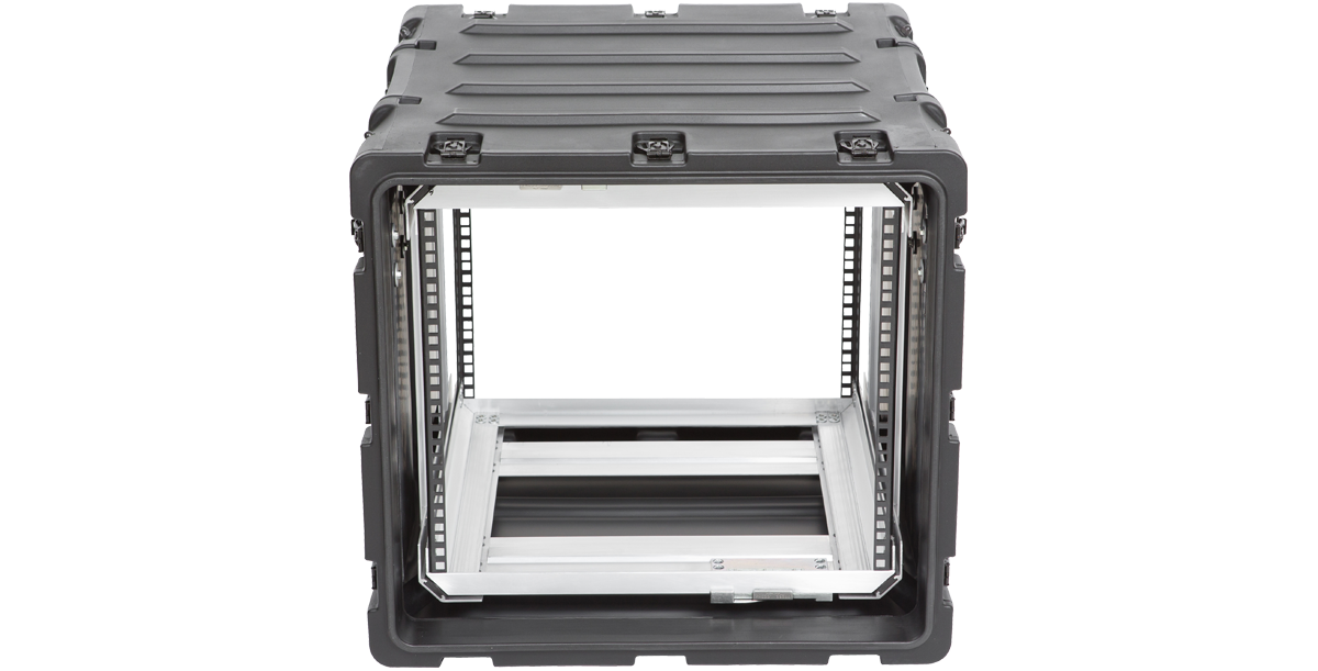Front view of 20-inch shock rack case displaying internal rails and shock-mounted frame for secure electronic gear installation.