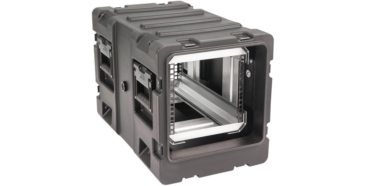 Durable 20-inch Shock Rack Case by SKB with visible internal rails and rugged exterior, designed for secure transport of sensitive gear.