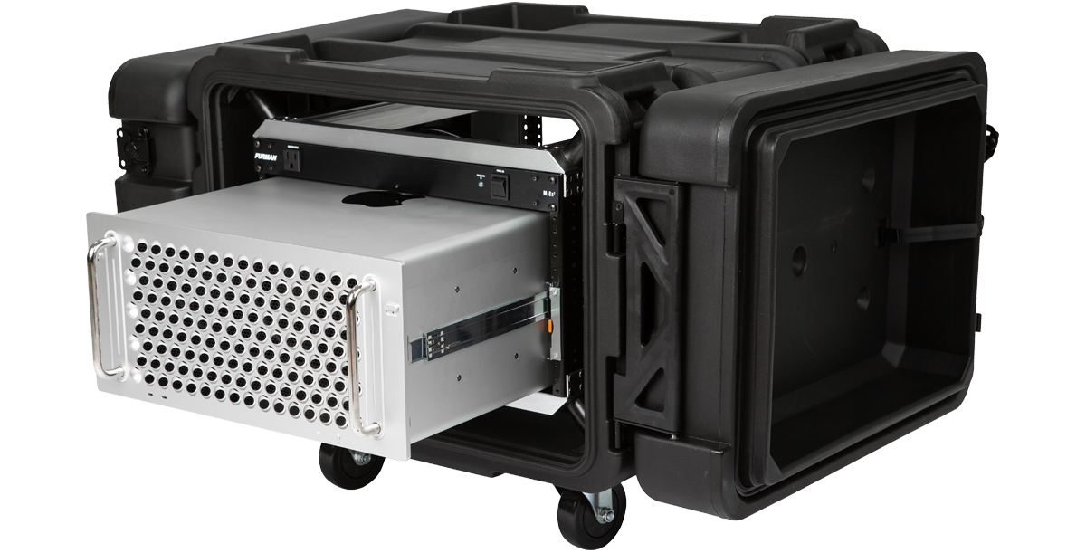 6U Shock Rack - 24-inch rSeries with Mac Pro sliding out, highlighting rugged build and internal shock protection for IT gear.