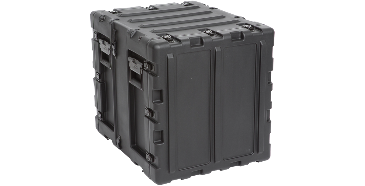 Closed view of 20-inch shockproof rack case with secure latches and molded exterior, ideal for rugged electronics protection.
