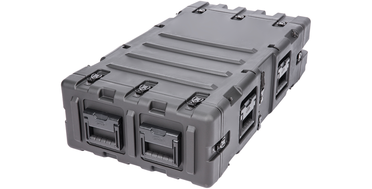 Back side angle of 30 Inch Shockproof Rack Case - 3U RS Series with ergonomic handles and rugged latches for secure closure.
