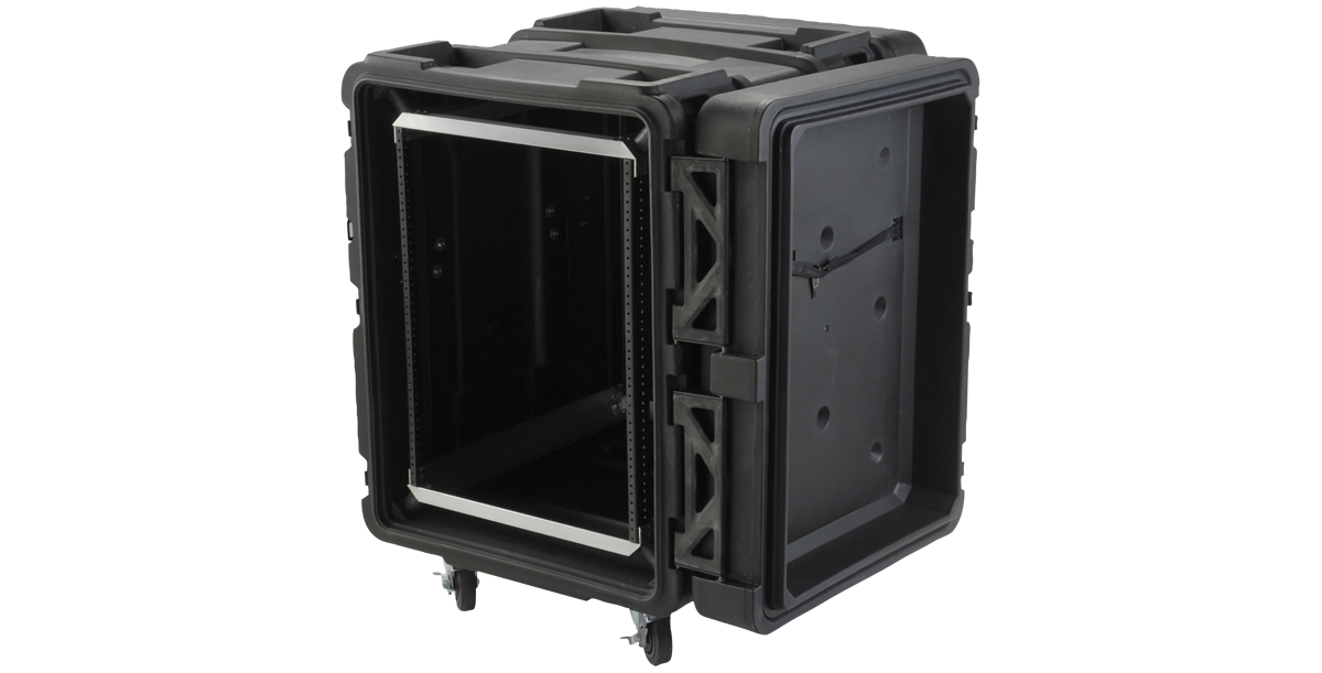 Angled view of 24-Inch rSeries Shock Rack - Durable & Efficient | 3SKB with open front, highlighting shock-absorbing frame and rugged construction.