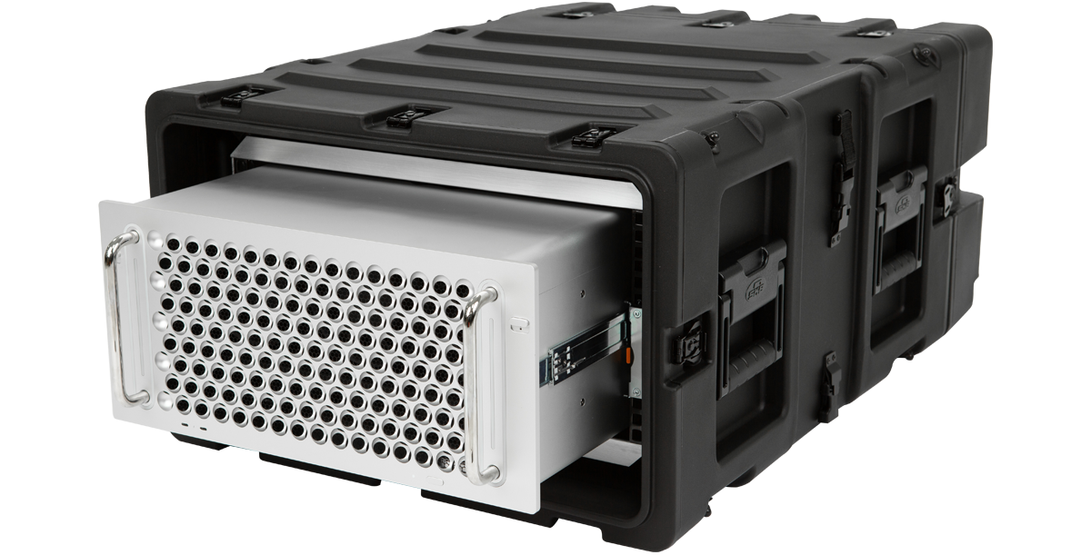 Side view of 5U 24-inch deep shock rack case with Mac Pro partially extended. Designed for MIL-STD shock protection and mobility.