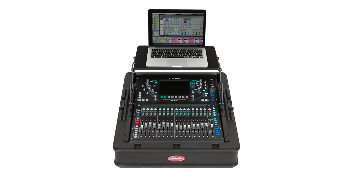 Allen Heath SQ5 in SKB GigRig with AV8 shelf and laptop setup, showcasing full rack mount integration for live audio control.