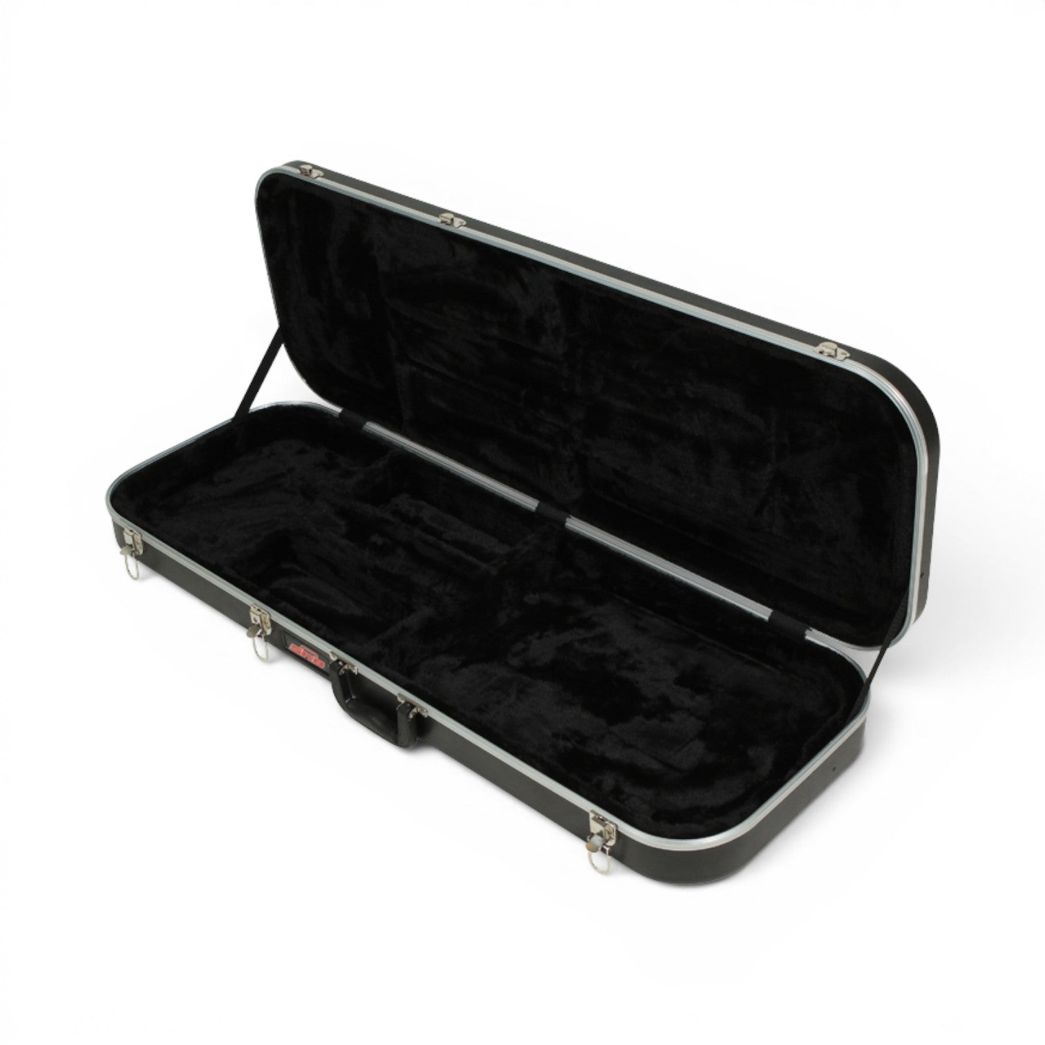 Empty rectangular electric guitar case with soft black plush lining. Designed for Stratocaster and Telecaster models, offering durable and budget-friendly storage.